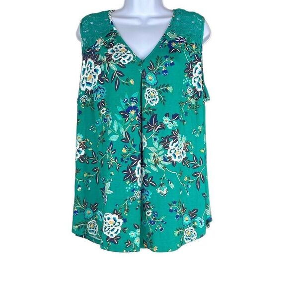 Daniel Rainn 2X Plus Sleeveless Blouse Green Floral Lace Accents Cutout NWOT - Picture 1 of 12